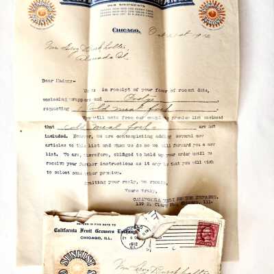 Letter and envelope from California Fruit Growers Exchange about a fork, c. 1912