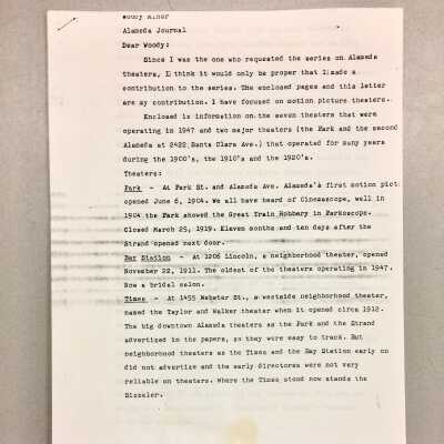 Research Paper addressed to Woody Minor, about early theatres, c. 2003