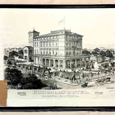 Framed reproduction print of and article about Kohlmoos Hotel, prior 1971