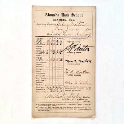 Alameda High School Report Card of Helen Norton, December 1909