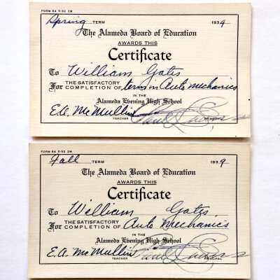 Evening High School Mechanics Class Certificates, 1939