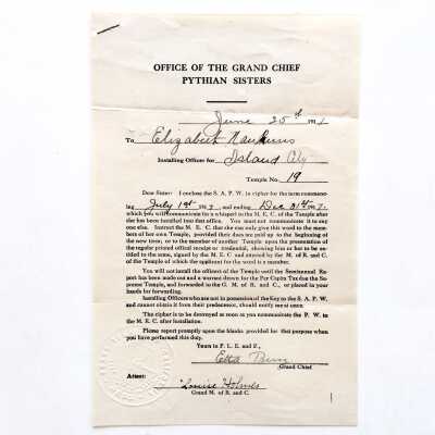 Letter stating procedures installing officers, Pythian Lodge, 1917