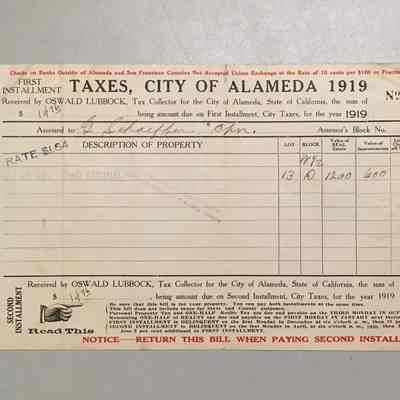 Receipt payment by George Schaeffer for City Tax on Land adjacent Encinal, 1919