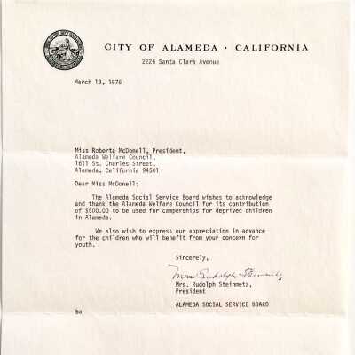 Letter of Thanks to Roberta McDonell, President Alameda Welfare Council, 1975