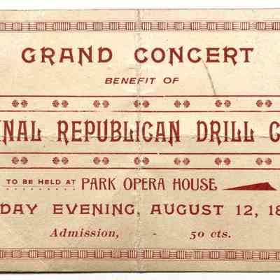 Admission ticket for 'Grand Concern of Encinal Republican Drill Corps, Park OPera House, 1892