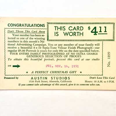 Advertising Postal card Austin Photographic Studios, 1951