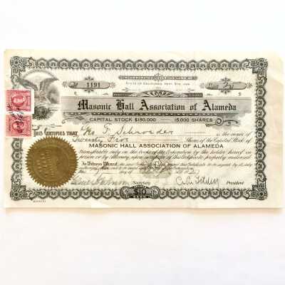 Stock certificate for Masonic Hall Association, 1943