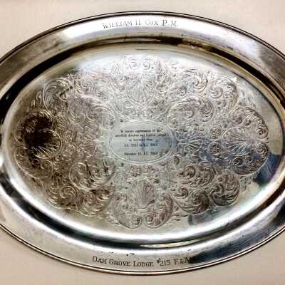 Oval silver plated tray given to Wm. H. Cox as secretary Oak Grove Lodge, c. 1964