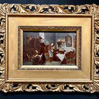 Framed print 'Drinking Monks' mounted on wood panel, c. early 1900s