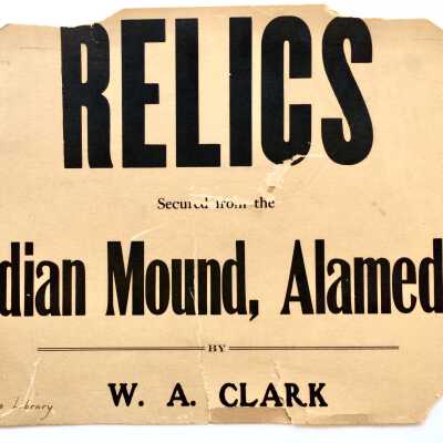Sign 'Relics' from Native American artifacts display in Library, 1908