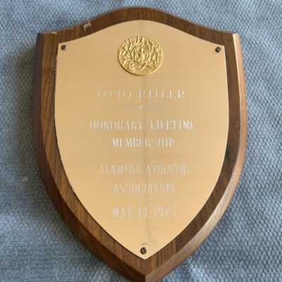 Alameda Athletic Association Lifetime membership Plaque awarded Otto Rittler, 1975