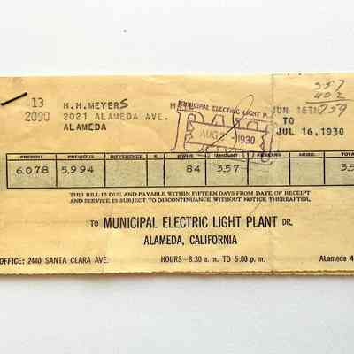 Municipal Electric Light Plant Bills for 2021 Alameda Ave, 1930