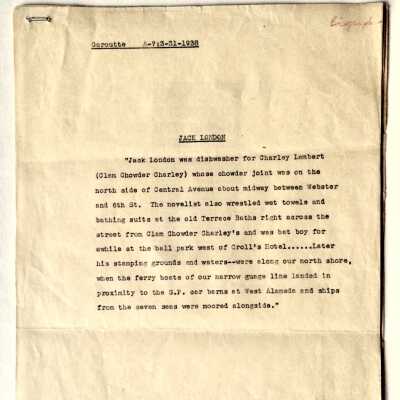 Typed biographical reports about Jack London, 1938 / 1940