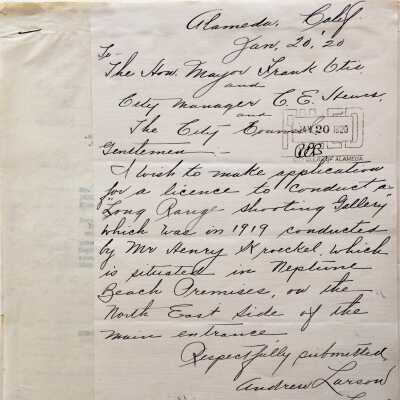 Correspondence about a shooting gallery for Neptune Beach, 1919-1920