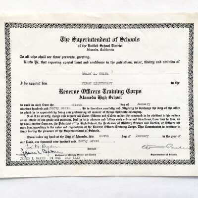 Certificate 1st lieutenant, ROTC, Alameda High School, of Grady White, 1947
