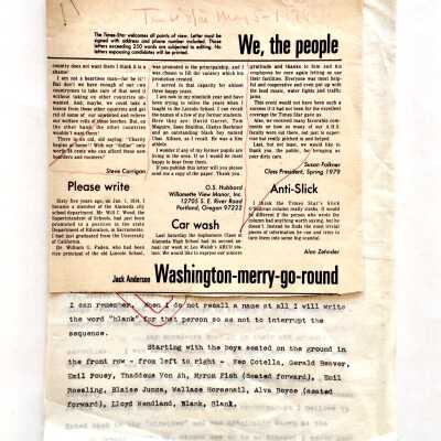 Clipping and carbon copy of letter relating to Lincoln School, 1979