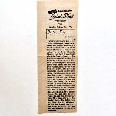 Clipping about retirement dinner for Anne Macdonald, 1979
