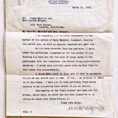 Correspondence regarding the estate of Mary Mazzini, 1918
