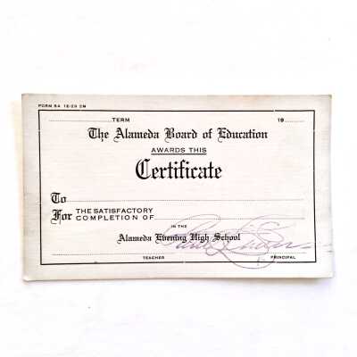 Unused Alameda Evening High School Certificate, c. 1940s