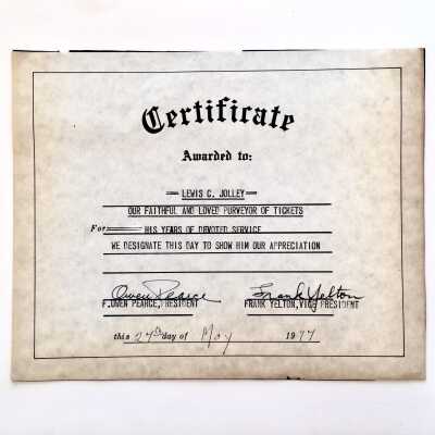 Printed Alameda High School Certificate awarded Lewis C. Jolley for service, 1977