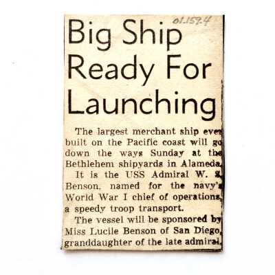 Clipping about U.S.S. Admiral WS Benson's readiness for launch, 1943