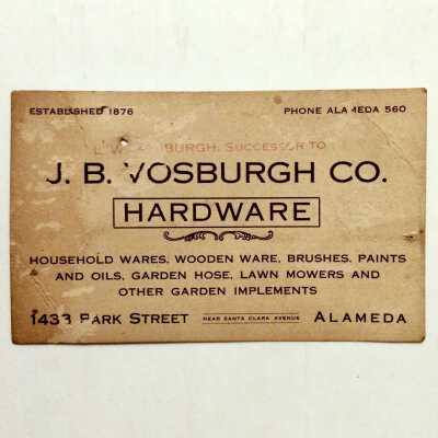 Business card of J. B. Vosburgh & Co. Hardware, with fire alarm box locations, c. 1920s