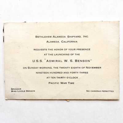 Invitation to launch of U.S.S. Admiral WS Benson, 1943