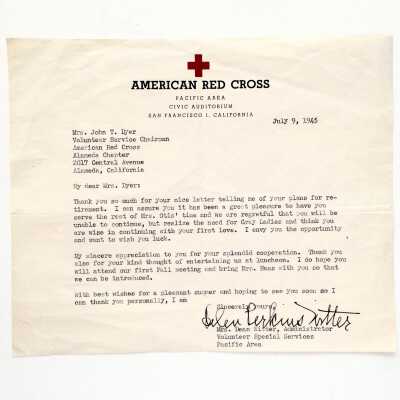 Response to resignation letter Mrs. Dyer, American Red Cross, 1945