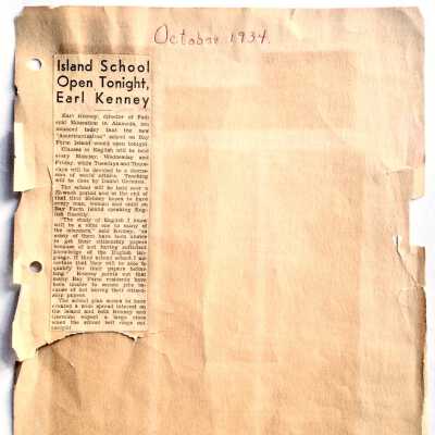 Scrapbook page with newspaper clipping re Island School, 1934