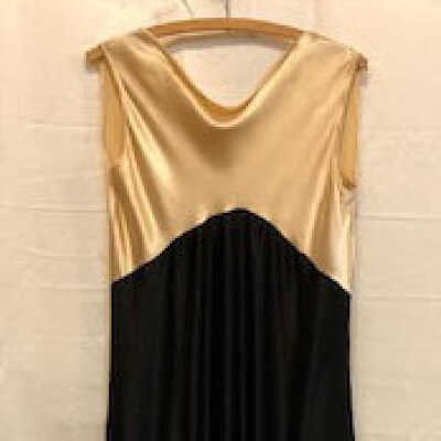 Cream & black satin dress with round neck in front and v in back, 1930