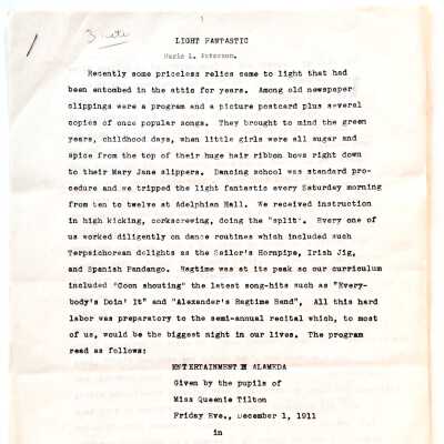 Essay 'Light Fantastic', presentation at the Adelphian Club, 1911