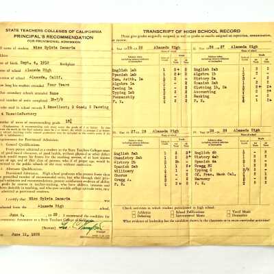 Grade transcript form for Sylvia A. Zanaria, 1929