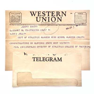 Western Union Telegram congratulating Coach Jolley with State Track Victory, 1954