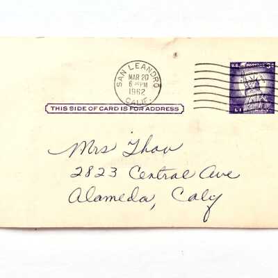 Postal card sent to Mrs. Thau, c. 1962