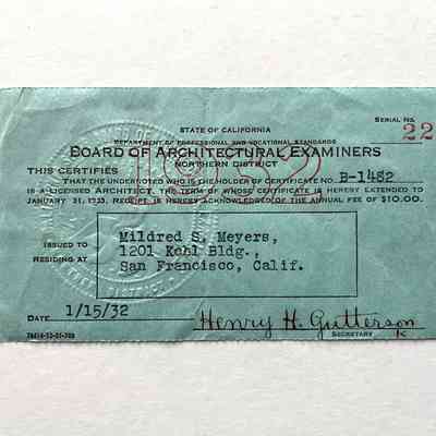 Receipt Board of Architect Examiners, for Mildred S. Meyers, 1932