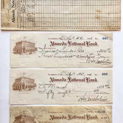 Deposit envelope and cancelled checks of the Alameda National Bank, 1912