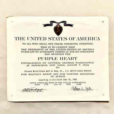 Notification re Purple Heart Medal awarded Earl E. Fry Jr., 1945