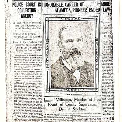 Clipping about James Millington 'Honorable Career', 1906