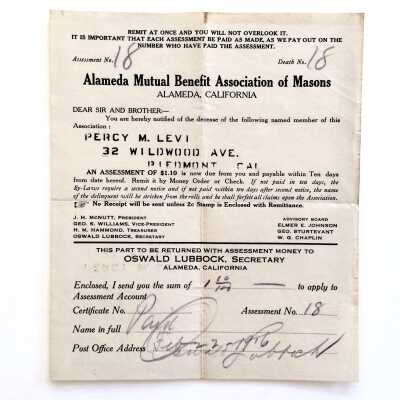 Notification assessment, Mutual Benefit Ass. of Masons, c. 1916