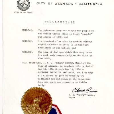 Proclamation acknowledging work of Salvation Army, by Mayor Corica, 1976
