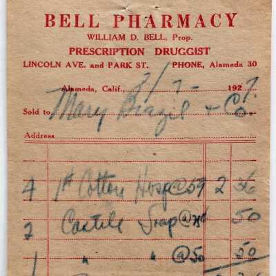 Receipt form from Bell Pharmacy, 1927
