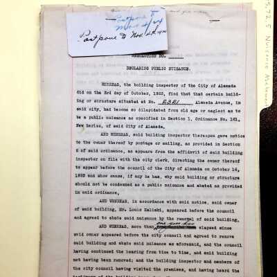 Resolution notice to abate nuisance, for 2317 and 2321 Alameda Ave, c. 1925-1935