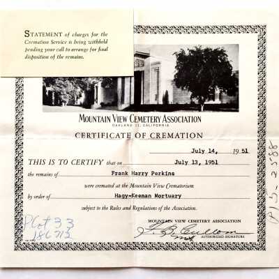 Certificate of cremation at Mountainview for Frank H. Perkins, 1951