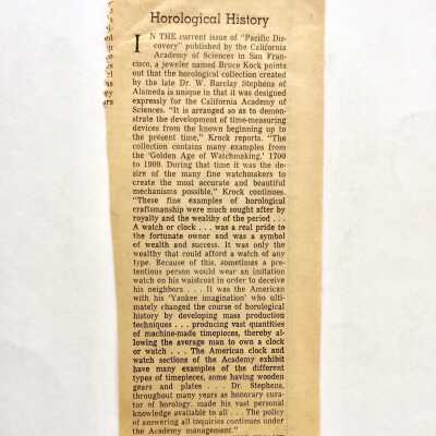 Clipping about Clock collection of Dr. Barclay Stephens, prior 1970