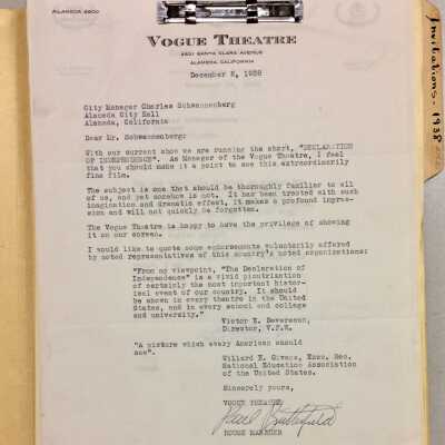 Folder 'Invitations 1938' to City representatives to events around California