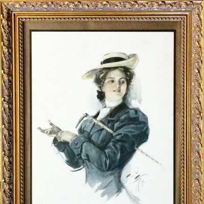 Print of work of Harrison Fisher, depicting a woman holding a crop, c. 1912