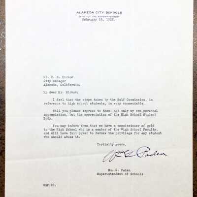 Letter about High School students' use of the Municipal Golf course, 1928
