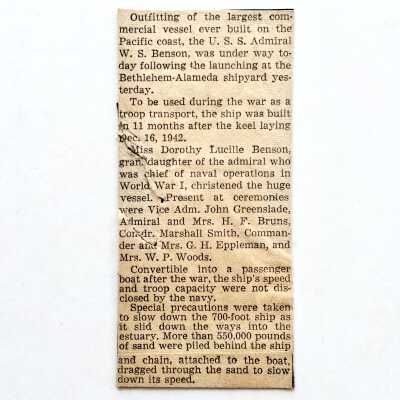 Clipping about USS Admiral W.S. Benson from Bethlehem Shipyards, prior 2002