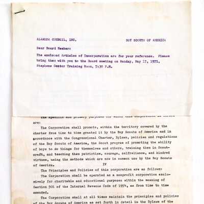 Photostatic copy of Boy Scouts articles of incorporation and note, 1971