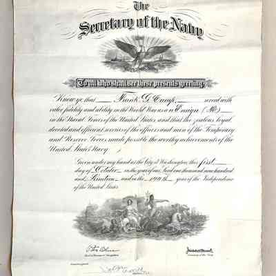 Certificate of commendation to Frank Camp for serving as Ensign, 1919